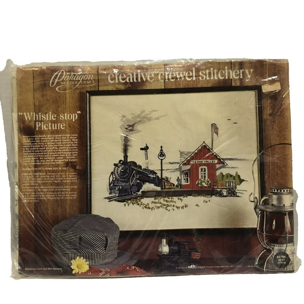 New VTG Paragon Crewel Stitchery Kit Whistle-stop Picture Train Railroad #0217